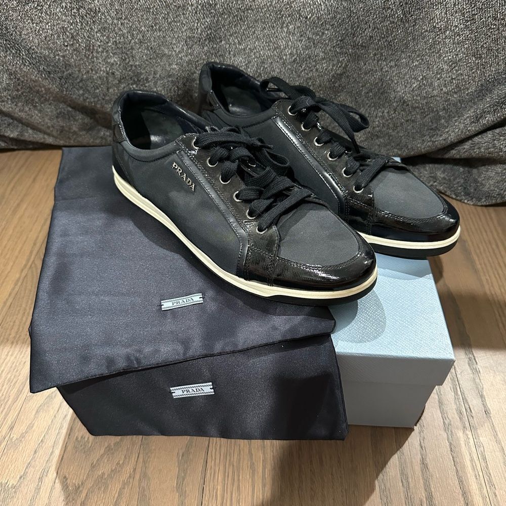 Prada Sport Navy Blue/Black Nylon Leather Low Top Sneakers Size 10B